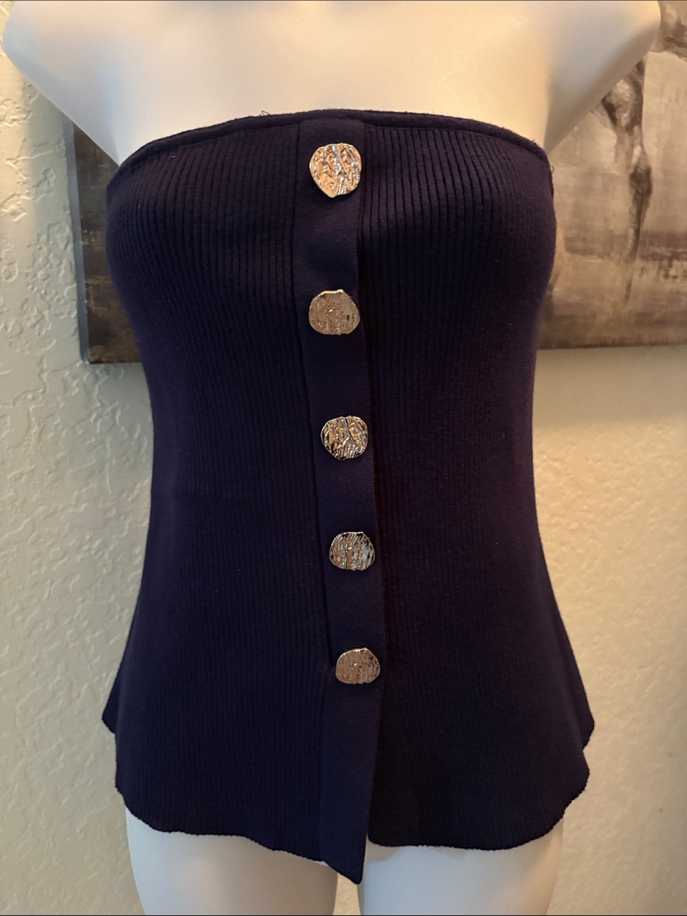 XL Strapless Navy Ribbed Knit Top with Decorative Buttons